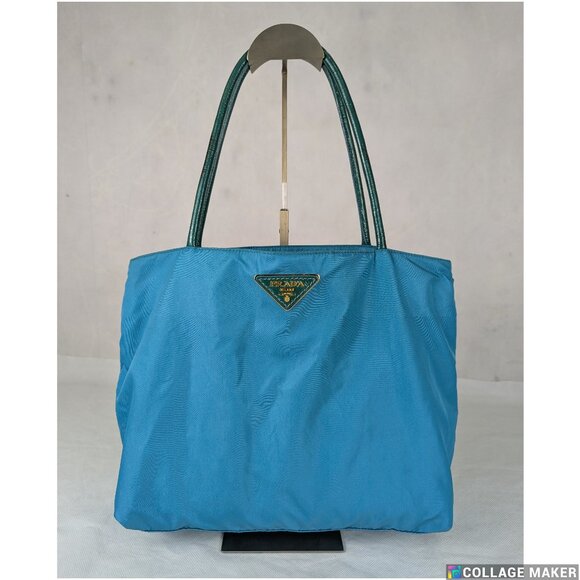 Authentic PRADA Tote Bag Turquoise Blue Gold Shoulder Bag Made in Italy - Picture 1 of 11